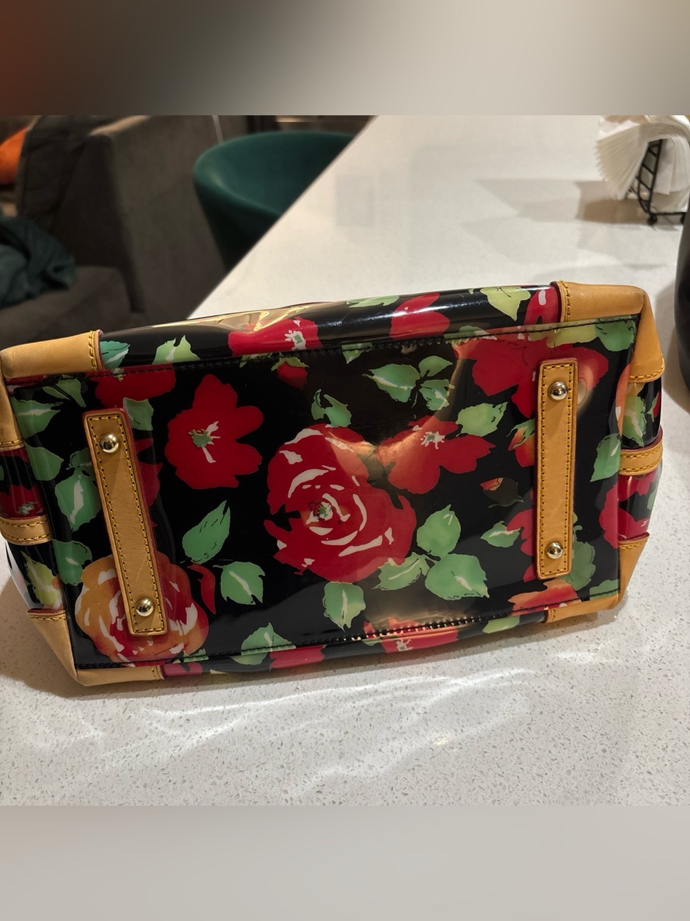 Dooney & Bourke Black Floral Satchel with Tan Trim - Picture 3 of 8